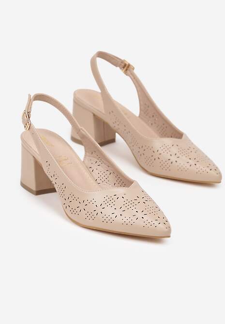 Ciemnobeżowe Sandały Vices na Słupku Slingback z Ażurową Cholewką i Skórzaną Wkładką Tiranis