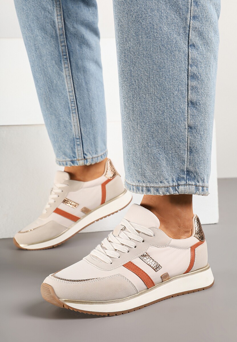 Beżowe Sneakersy z Metalicznym Wzorem Alusa