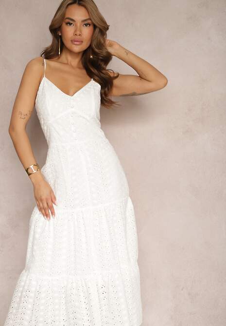 Biała Bawełniana Sukienka z Cienkimi Ramiączkami o Haftowanym Wykończeniu z Gumką w Talii Lomila