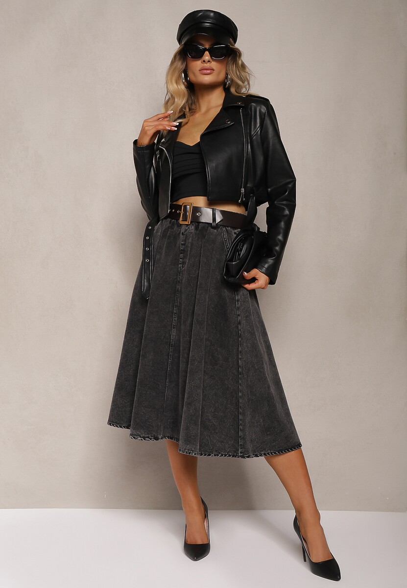 Czarna Rozkloszowana Spódnica Jeansowa Midi z Paskiem Wendlla