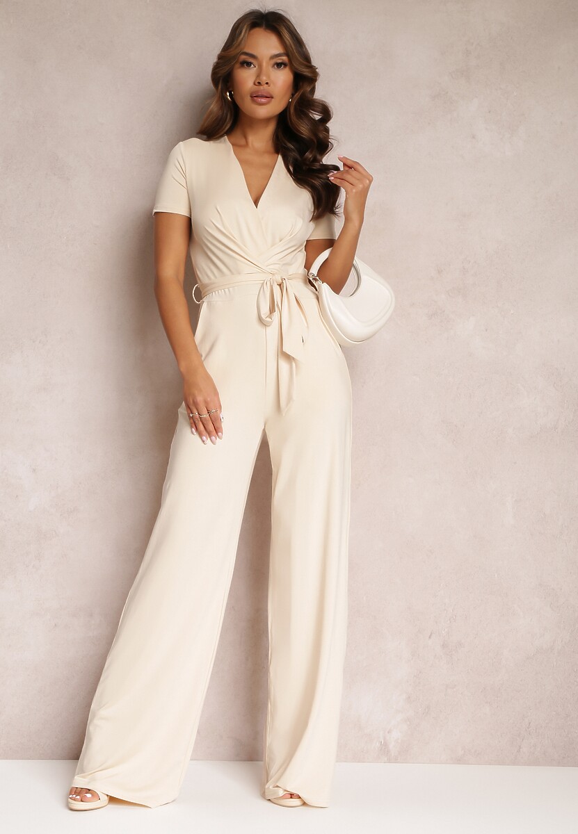 Jasnobeżowy Wiązany Kombinezon z Długimi Nogawkami i Kopertowym Dekoltem Adithia