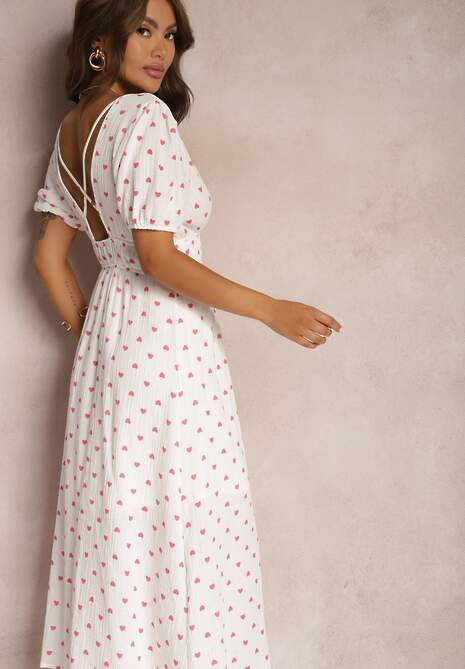 Biała Taliowana Sukienka z Bawełny z Gumką w Talii i Odkrytymi Plecami Wedrea