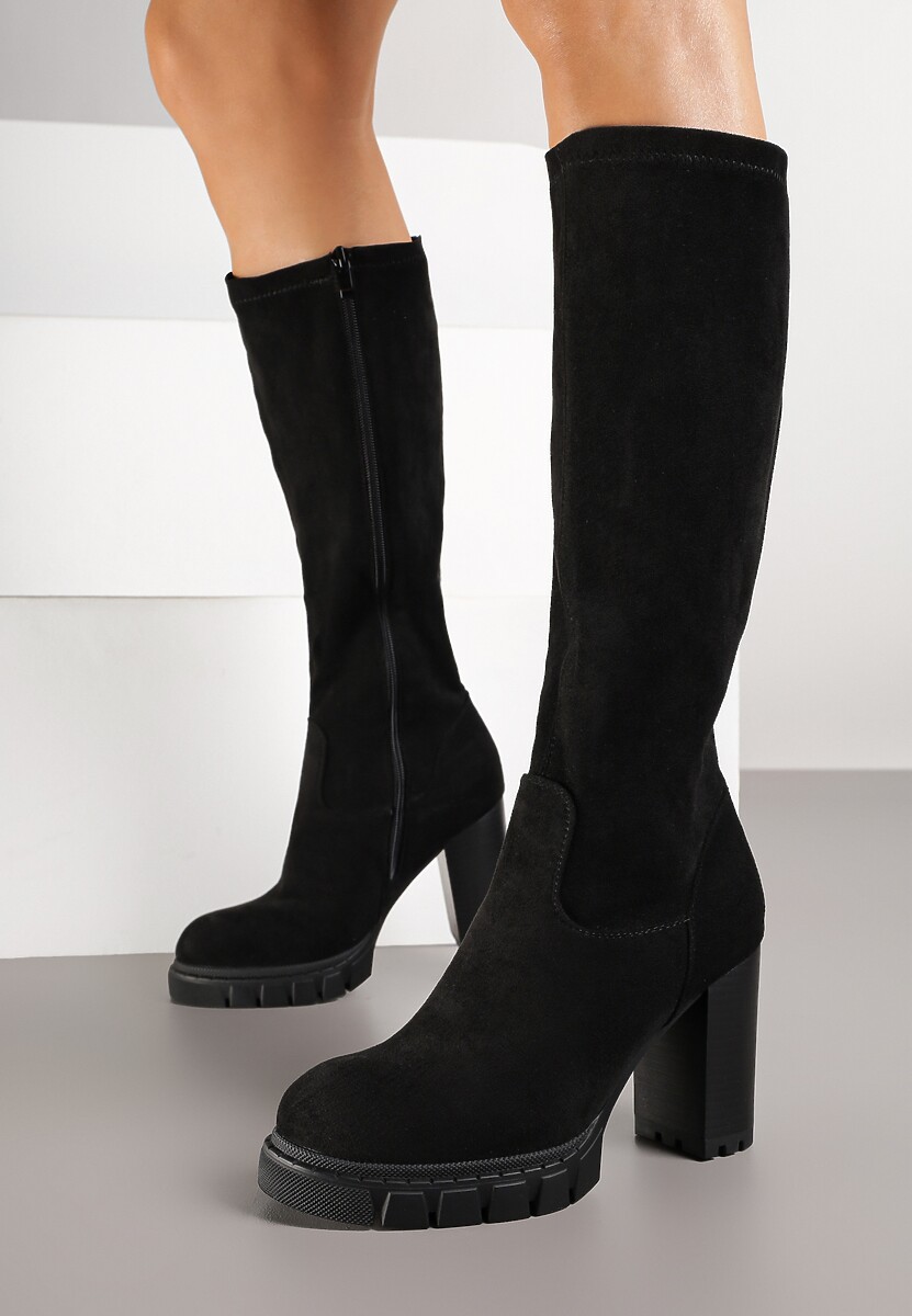 Czarne Kozaki z Imitacji Zamszu na Obcasie Typu Słupek Rilaresa