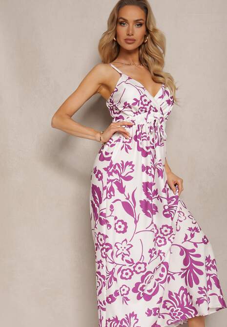 Fioletowo-Biała Sukienka z Gumkami na Plecach Ściągana w Talii z Regulowanymi Ramiączkami Falora