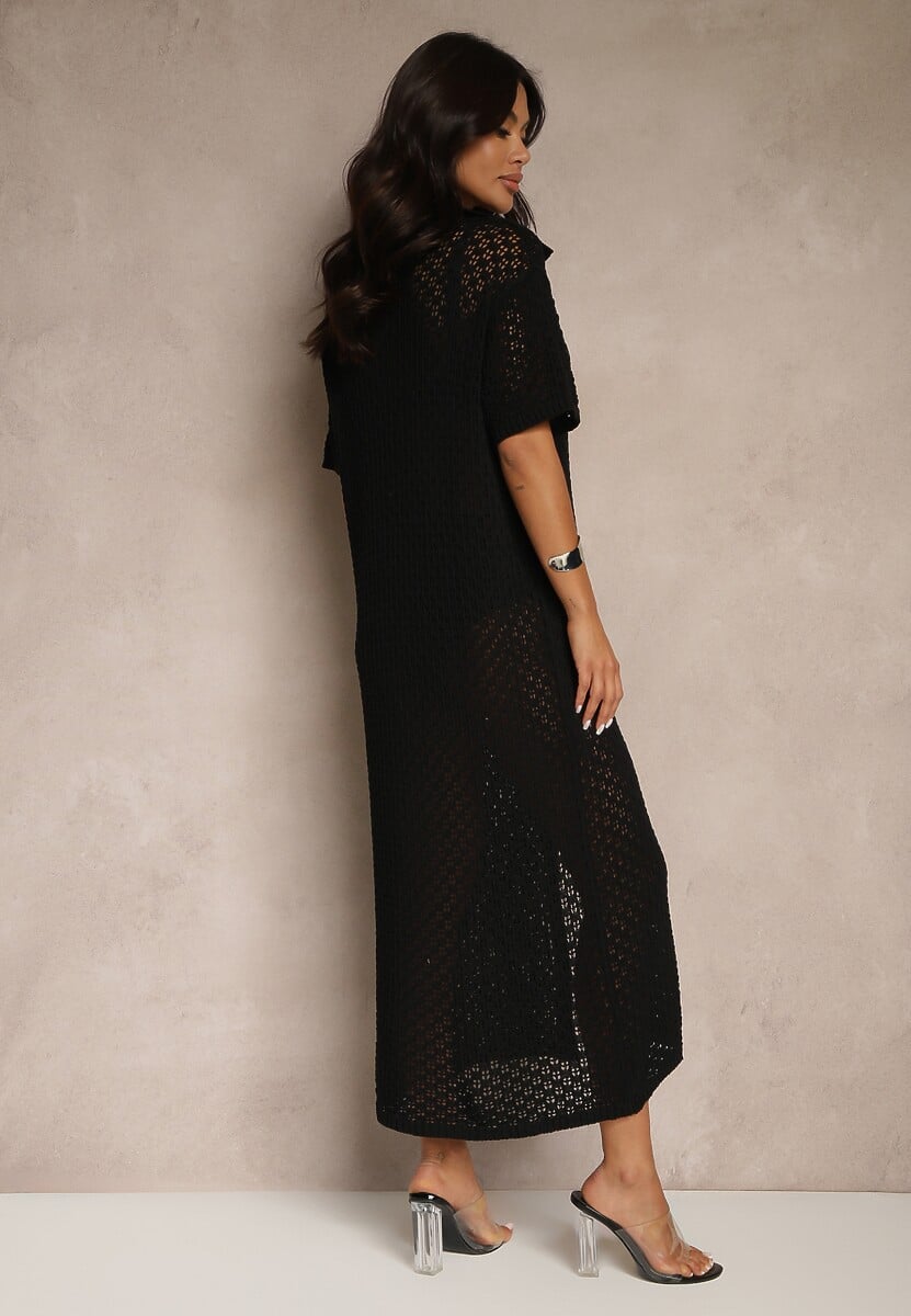 Czarna Koszulowa Sukienka z Bawełną z Siateczki Folesia