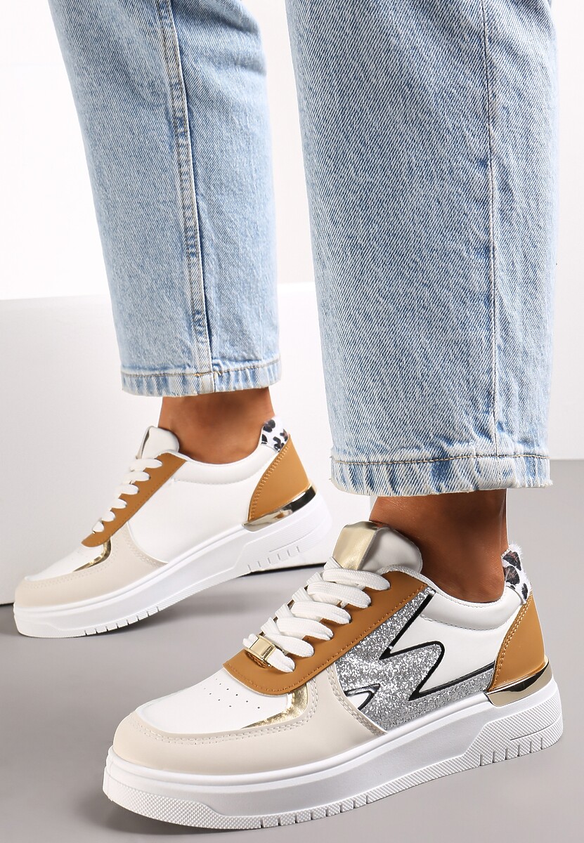 Biało-Zielone Płaskie Sneakersy z Metalową i Brokatową Wstawką Nebritta