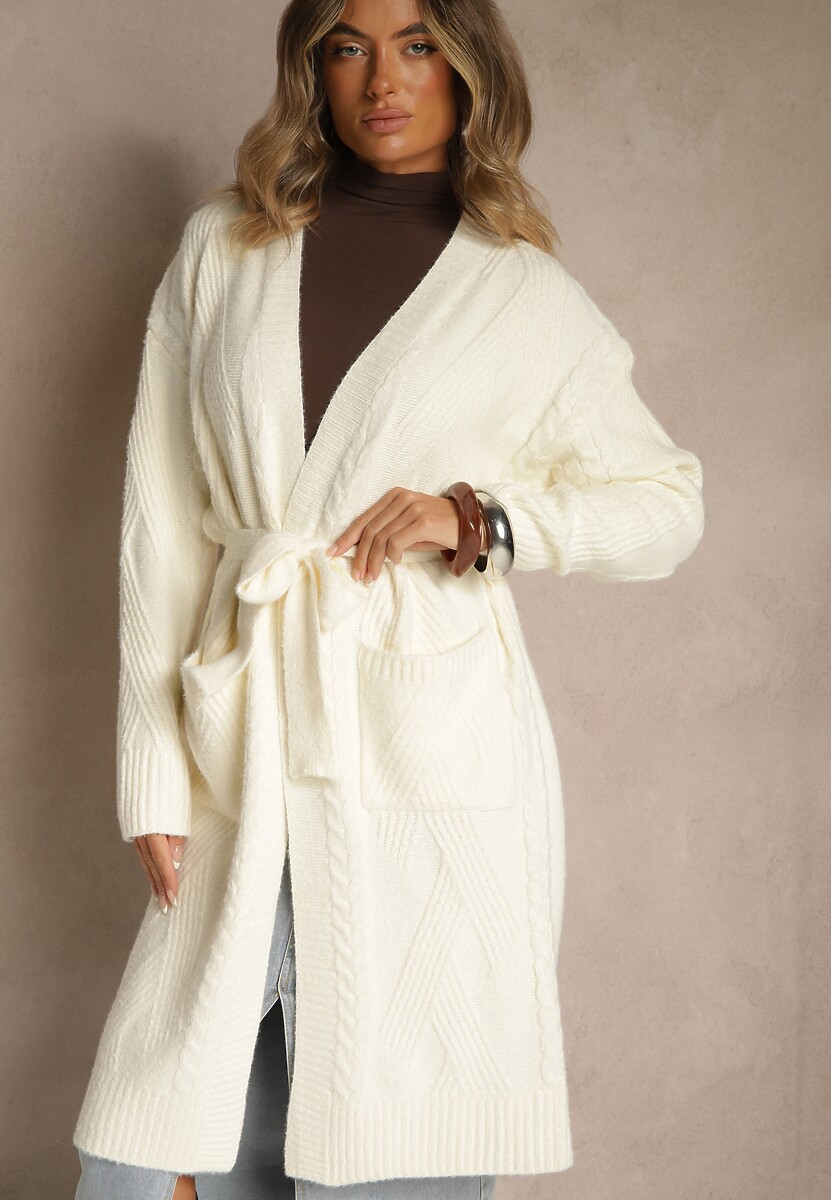 Jasnobeżowy Tłoczony Kardigan z Wełną o Kroju Bez Zapięć z Paskiem Dorrive