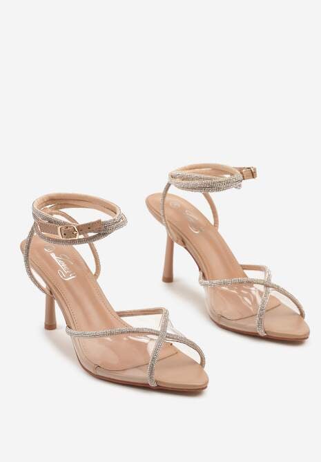 Beżowe Cyrkoniowe Sandały na Szpilce z Ozdobnymi Paskami Balaa