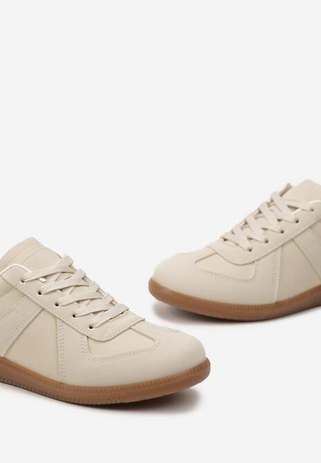 Beżowe Sznurowane Sneakersy z Imitacji Skóry na Płaskiej Podeszwie Glezoma