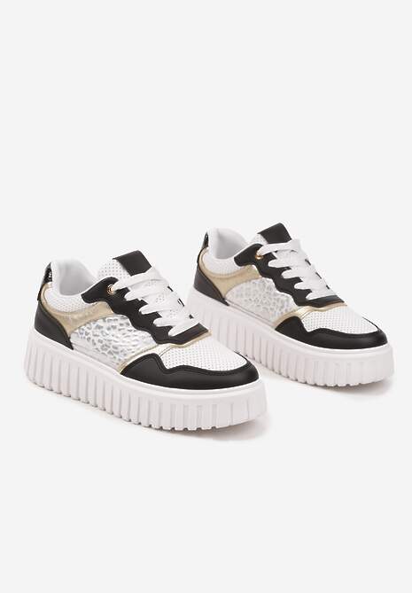 Czarno-Białe Sneakersy na Platformie z Tłoczeniami Zdobione Panterkowym Printem Herraza