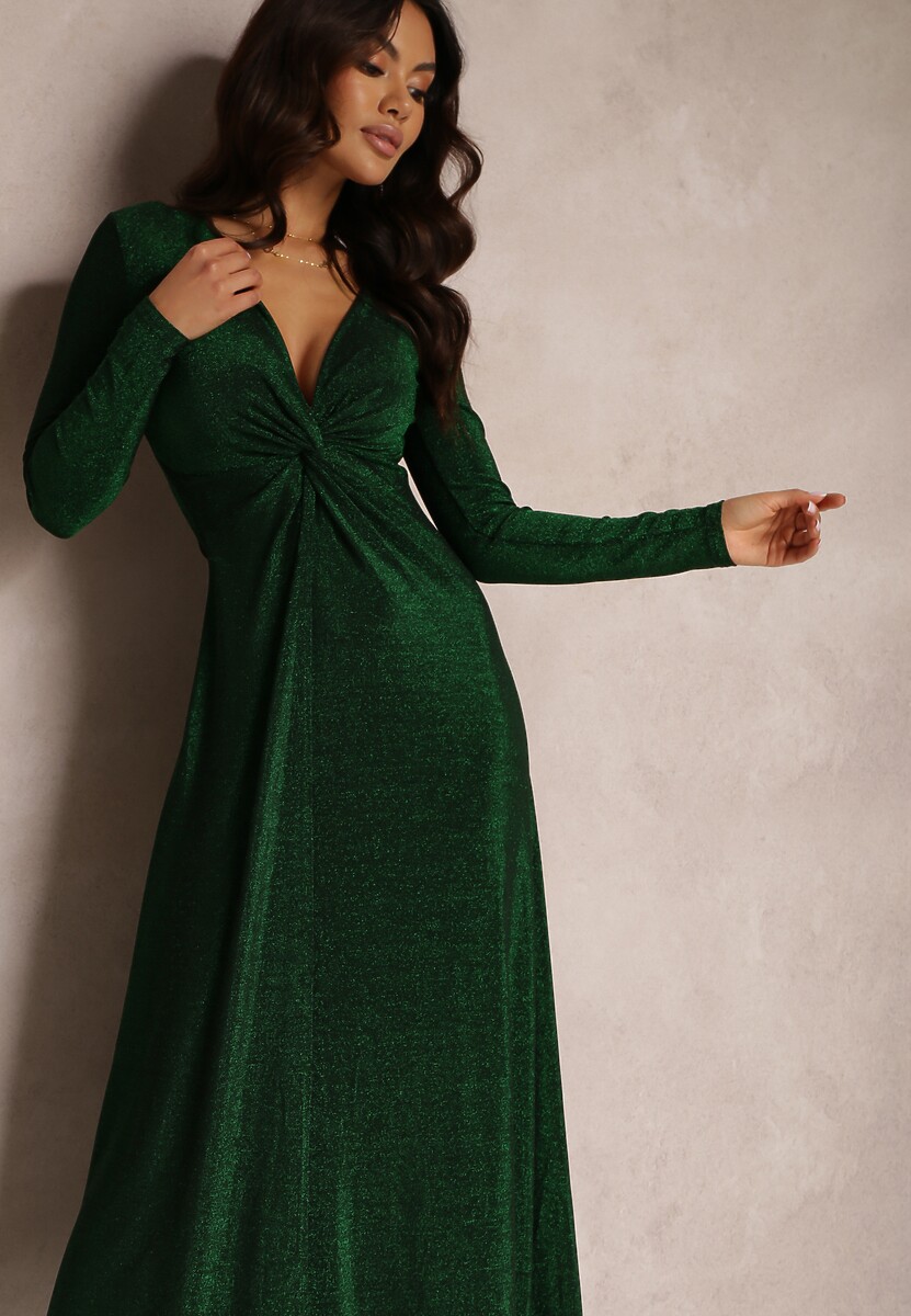 Zielona Sukienka z Marszczeniem przy Dekolcie Metaliczna Enemelle