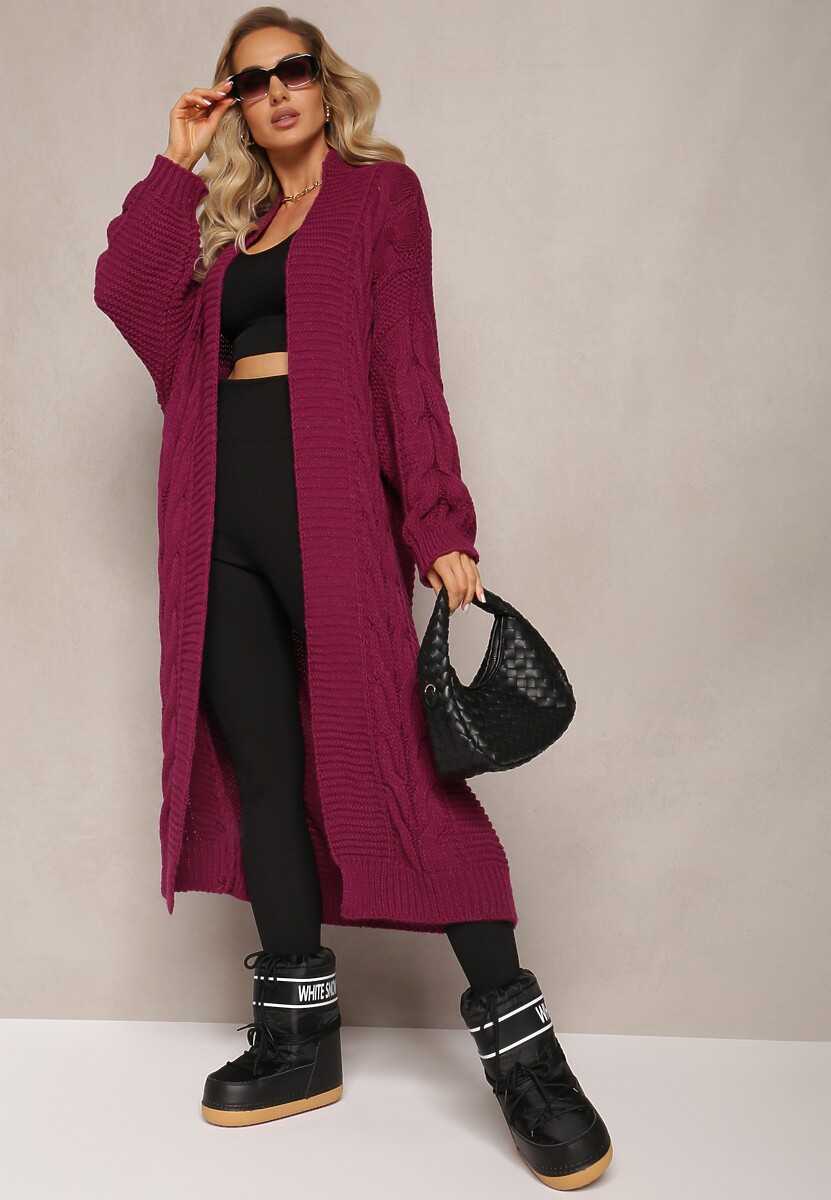 Brązowy Długi Kardigan z Ozdobnym Szerokim Splotem Havsana