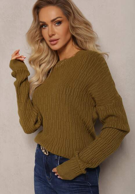 Ciemnozielony Sweter z Tłoczeniami o Klasycznym Fasonie Sigune