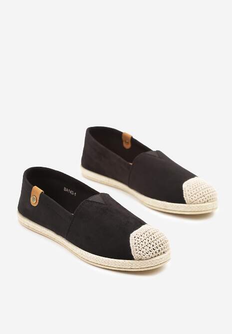 Czarne Espadryle z Elastyczną Wstawką Zdobione Plecionką Kinellis