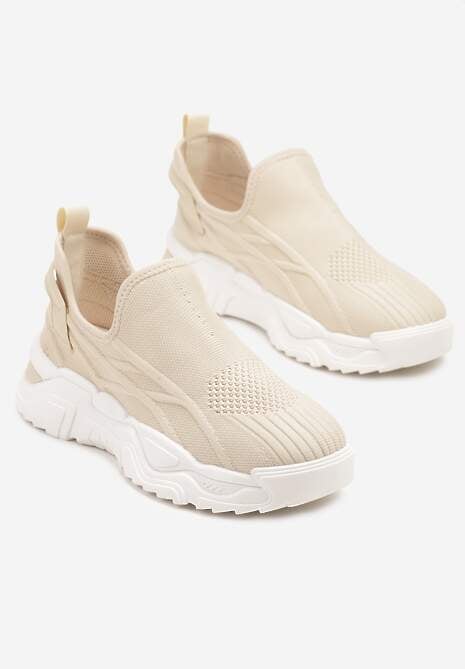 Beżowe Siateczkowe Buty Sportowe Sneakersy Wsuwane Zdobione Tłoczeniami Nusadela