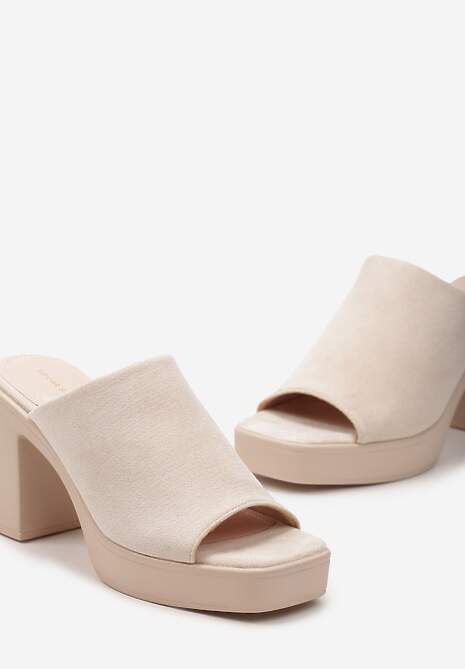 Beżowe Klapki na Słupku z Platformą z Szerokim Paskiem z Ekozamszu Airgasta