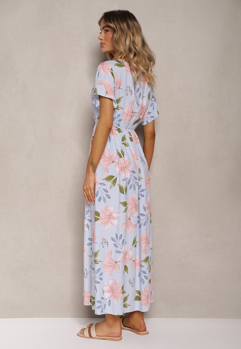 Jasnoniebieska Taliowana Sukienka w Kwiaty z Dodatkiem Bawełny z Kopertowym Dekoltem Navianes