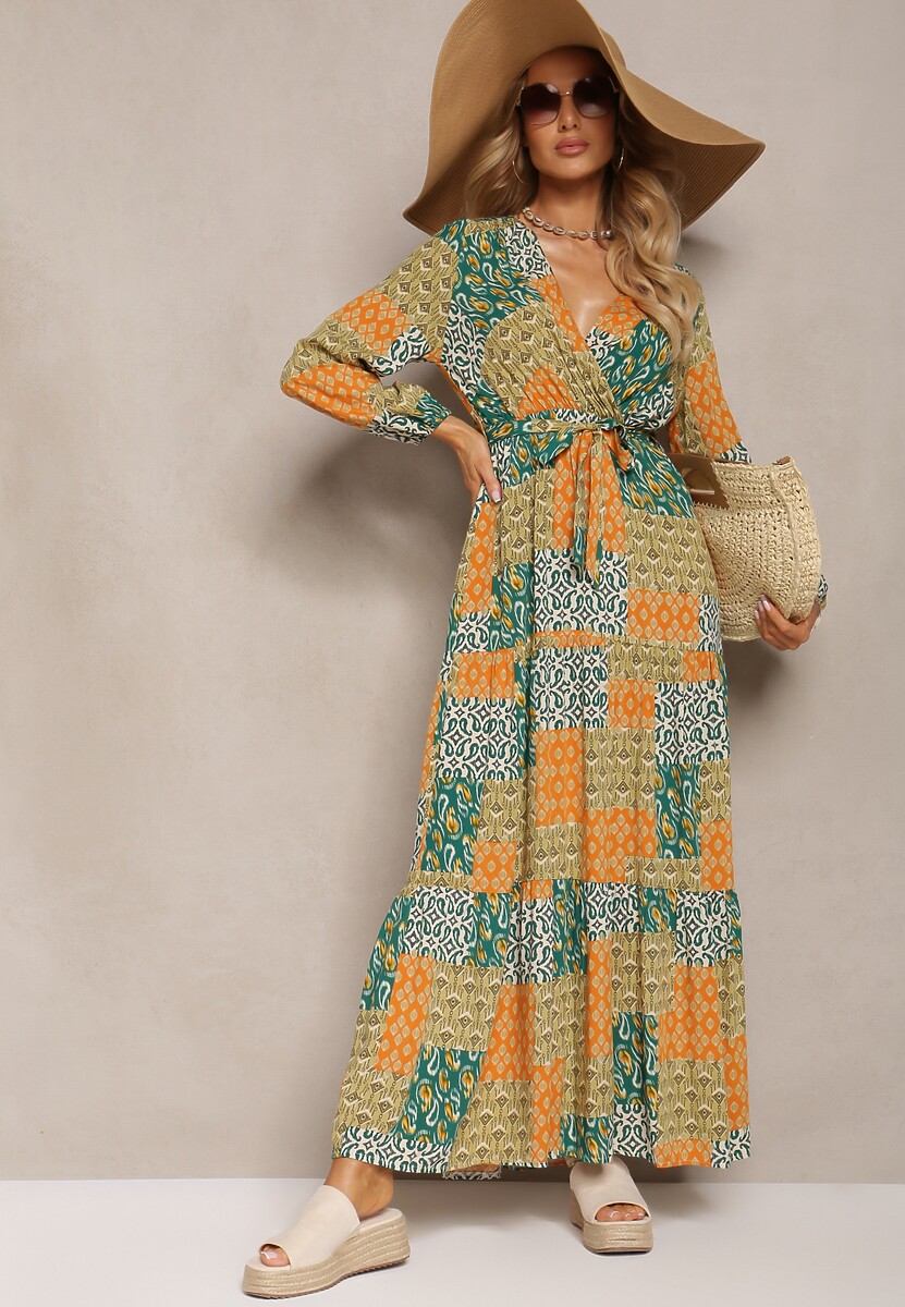 Zielono-Żółta Sukienka z Wiskozy z Gumką w Pasie i Materiałowym Paskiem z Trójkątnym Dekoltem Nelarae