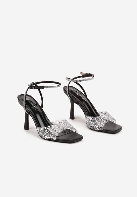 Czarne Sandały na Szpilce z Cyrkoniami i Przezroczystą Cholewką Fidanalia