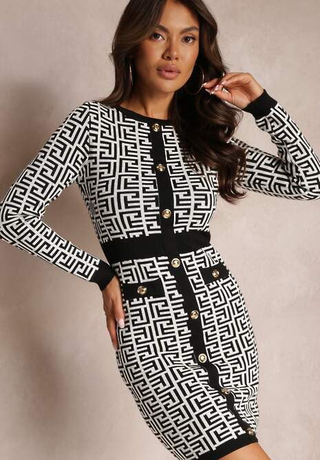 Biała Sukienka Mini ze Sweterkowego Materiału o Geometrycznym Motywie z Dodatkowymi Guzikami Isaela