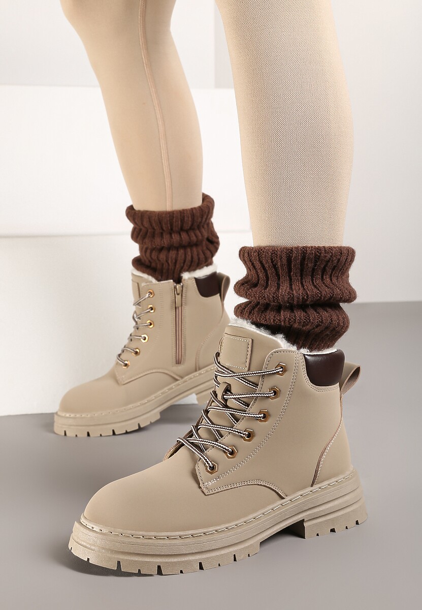 Beżowe Traperki Mocno Ocieplone Sztucznym Futerkiem Janek