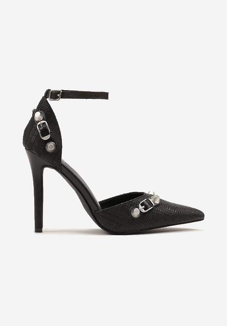 Czarne Szpilki Ozdobione Metalicznymi Klamrami i Plecioną Cholewką Elliwen