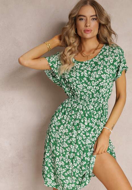 Zielona Wiskozowa Mini Sukienka w Kwiatowy Print z Gumką w Pasie Frolia