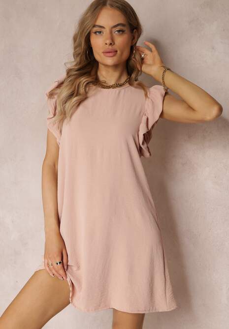 Różowa Sukienka Mini o Pudełkowym Kroju z Falbankami Ansha