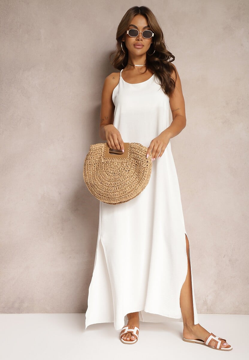 Biała Sukienka na Ramiączkach o Taliowanym Kroju Rivatta