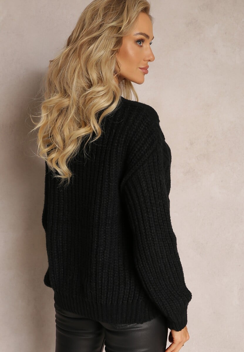 Czarny Klasyczny Sweter z Modnym Splotem Wykończony Ściągaczami Viala