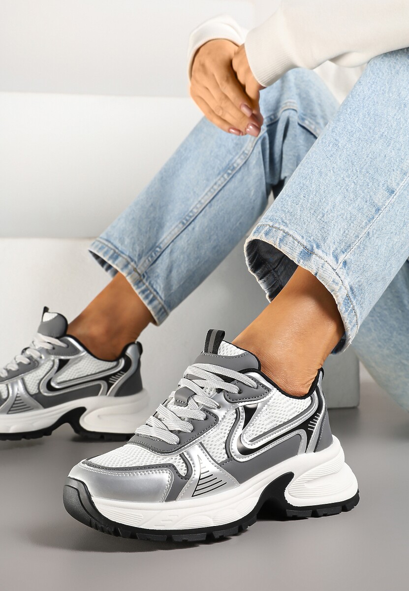 Biało-Srebrne Sneakersy na Profilowanej Podeszwie z Siateczkowymi Wstawkami Parinella