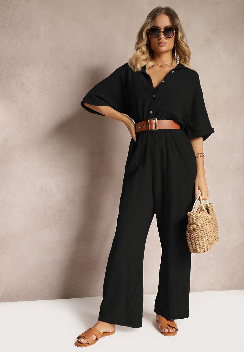 Czarny Taliowany Kombinezon z Bawełny Góra w Formie Koszuli oraz Luźne Spodnie Namsorin