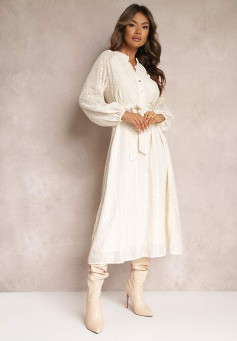 Beżowa Sukienka z Ozdobnym Haftem i Paskiem Deanna