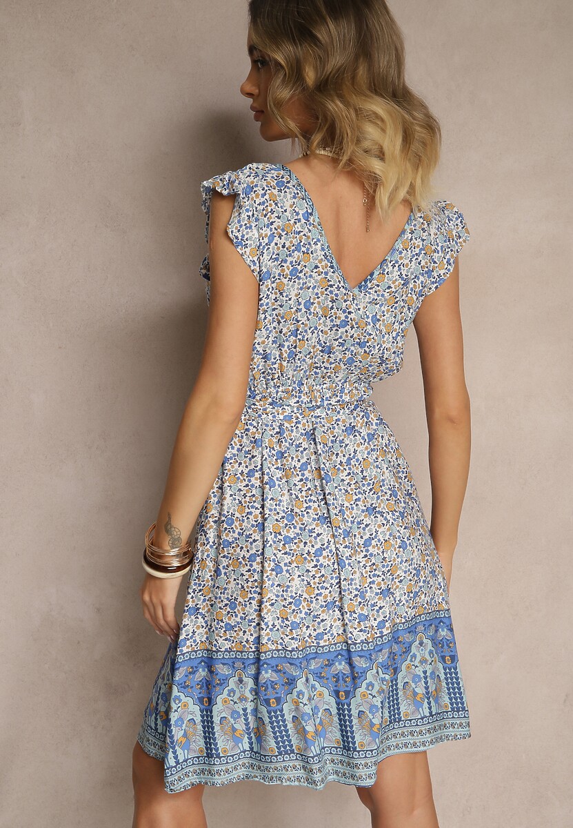 Niebieska Rozkloszowana Sukienka z Wiskozy z Wiązanym Paskiem Sepelise