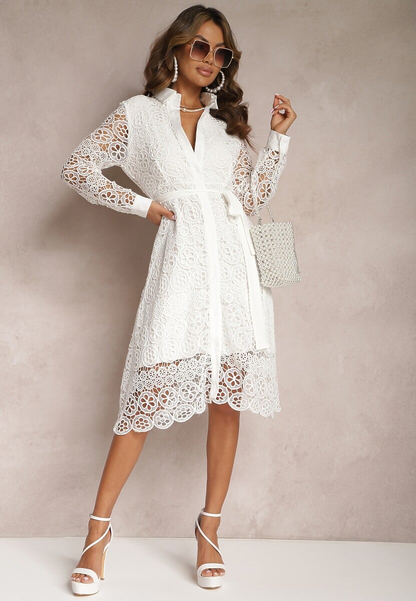 Różowa Rozkloszowana Midi Sukienka Ozdobiona Koronką z Paskiem w Talii Sailla