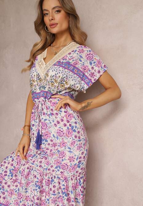 Fioletowa Sukienka Maxi ze Sznurkiem w Talii i Koronkową Wstawką przy Dekolcie Mererid