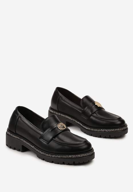Czarne Mokasyny z Cekinami wokół Podeszwy i Złotą Klamrą Elorasia