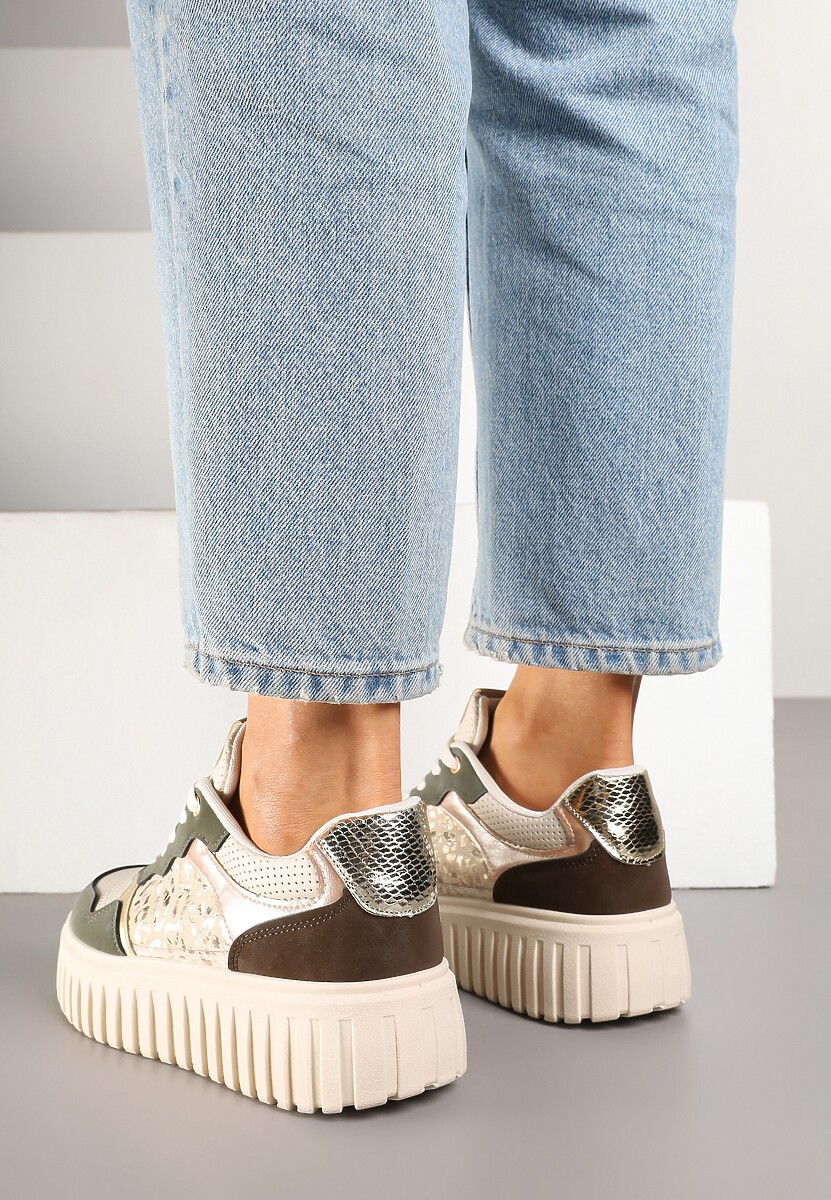 Beżowo-Zielone Sneakersy na Platformie z Tłoczeniami Zdobione Panterkowym Printem Herraza