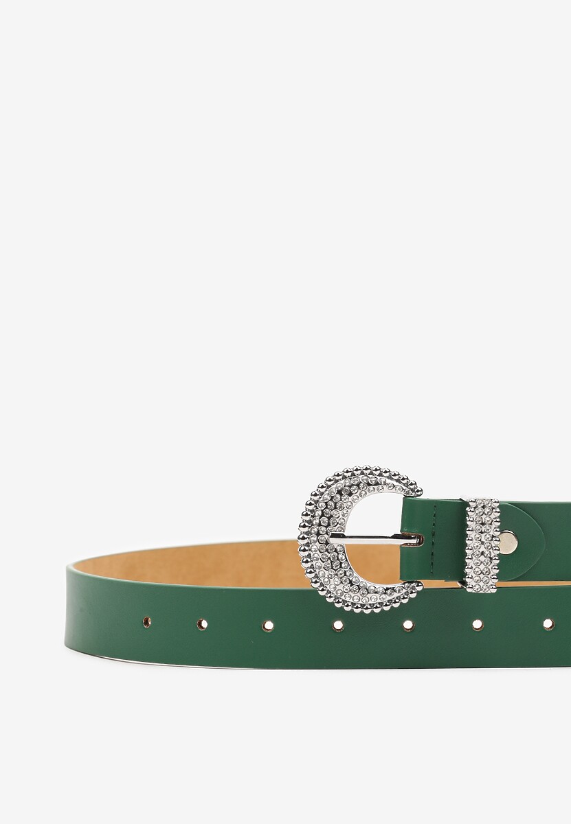 Zielony Casualowy Pasek Ozdobiony Metaliczną Klamrą z Cyrkoniami Nelasia