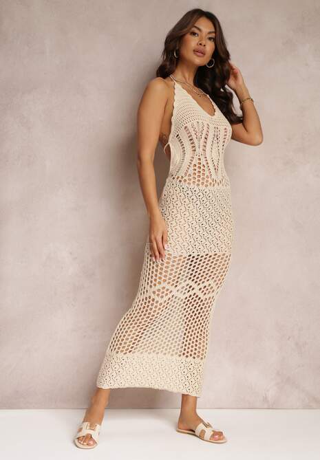 Jasnobeżowa Ażurowa Sukienka z Odkrytymi Plecami Kinsle