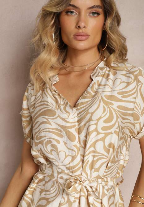 Beżowa Pudełkowa Sukienka z Paskiem w Talii Nasilia