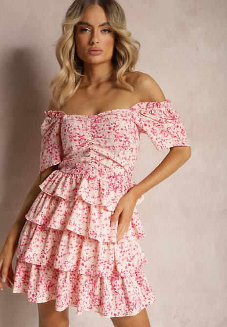Różowa Sukienka o Rozkloszowanym Fasonie z Falbankami w Drobny Wzór Uveria