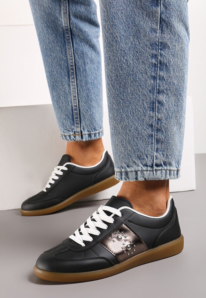 Czarne Sneakersy na Płaskiej Podeszwie z Wiązaniem i Ozdobną Wstawką Drukesti