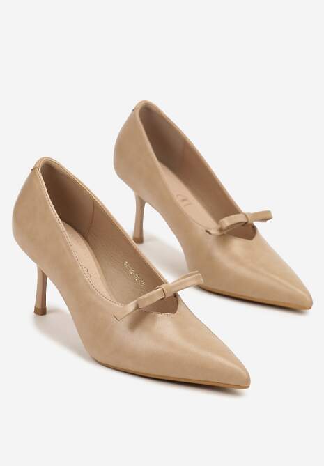 Ciemnobeżowe Czółenka na Szpilce Vices z Kokardą i Wkładką ze Skóry Naturalnej Rilanisse