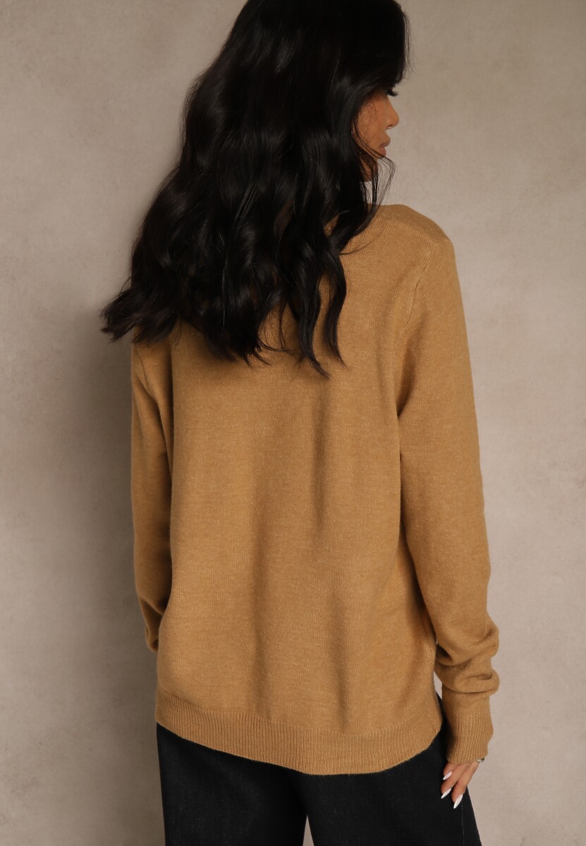 Brązowy Klasyczny Sweter z Wełną i Bawełną Bez Zdobień Neandia