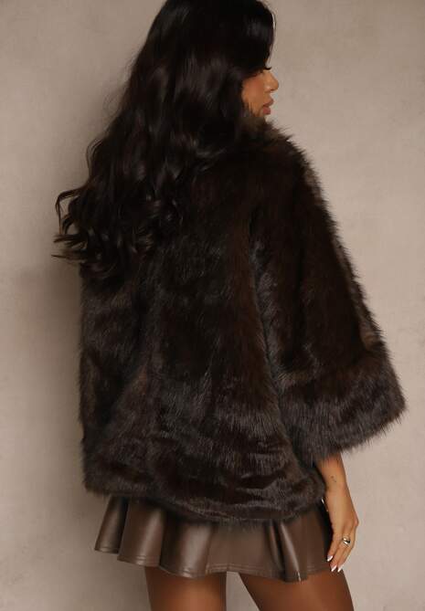 Brązowa Kurtka Futerko z Kołnierzem i Szerokimi Rękawami 3/4 Zapinana na Suwak Clauda