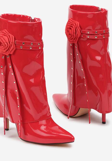 Czerwone Lakierowane Botki z Cholewką Imitującą Nogawkę na Szpilce z Ozdobnym Kwiatkiem Lotiala