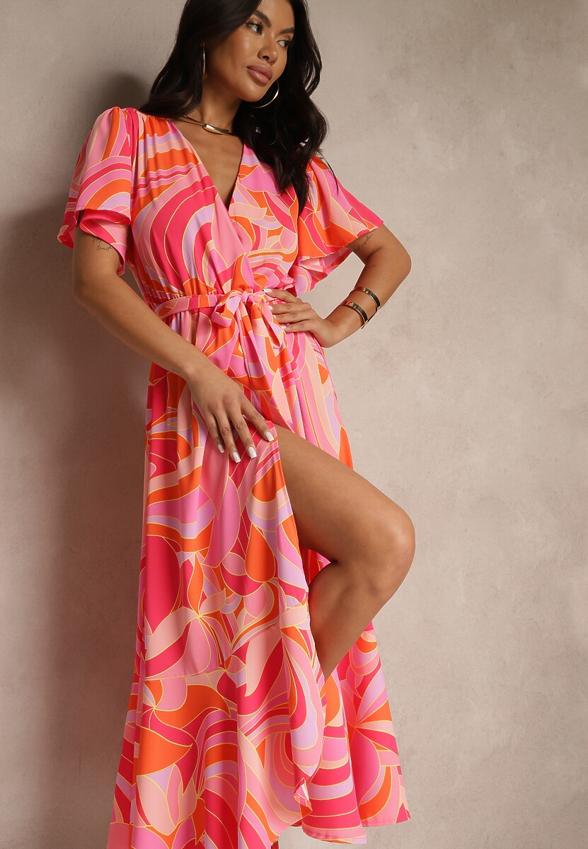 Czerwona Kopertowa Sukienka o Rozkloszowanym Kroju z Wiązanym Paskiem Zarelara