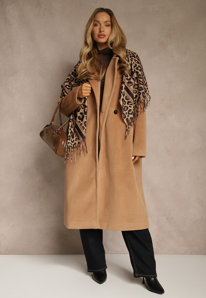 Ciemnobrązowy Wiskozowy Szalik w Panterkę Wykończony Frędzlami Alefera