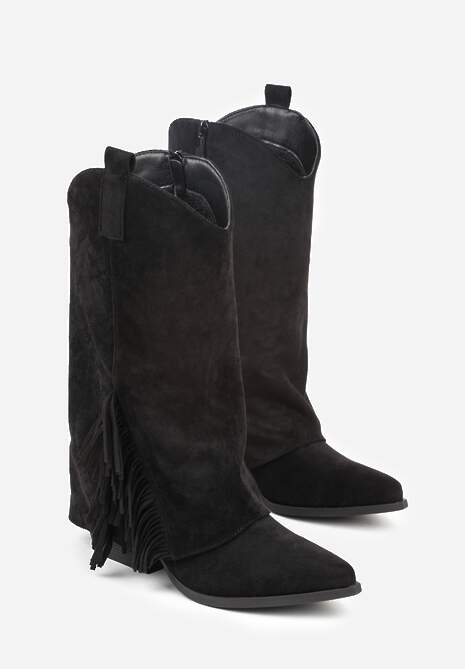 Czarne Botki Kowbojki na Stożku Ozdobione Frędzlami Reielle